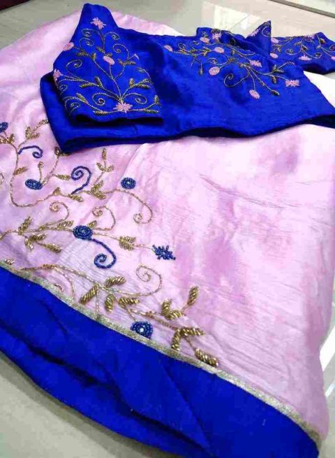 Pink satin saree with royal blue cutdana work blouse