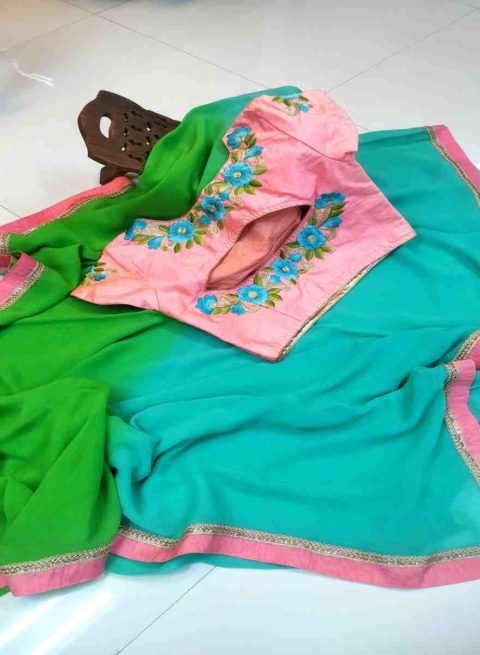 Seagreen Sheded Georgette saree and peach hand embordered blouse