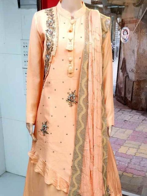 Peach color A cut gown and Hand work dupatta