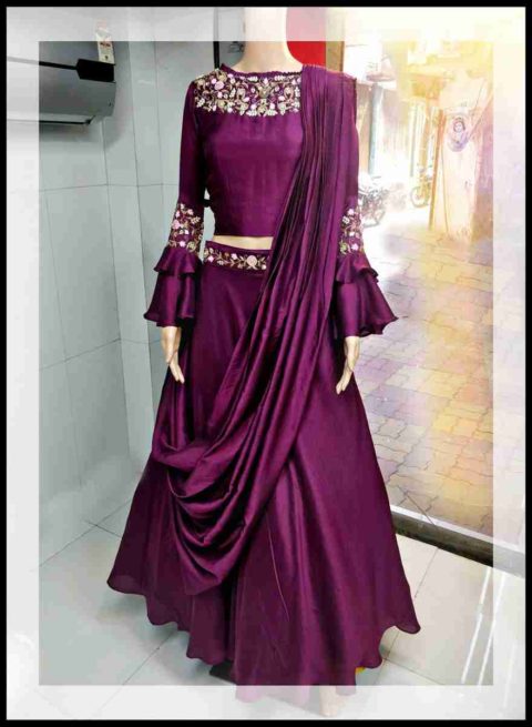 Wine color Draped Skirt with Ruffled Top