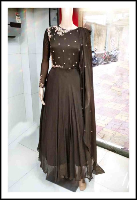 Coffee Brown Georgette Drape Gown with Hand Work