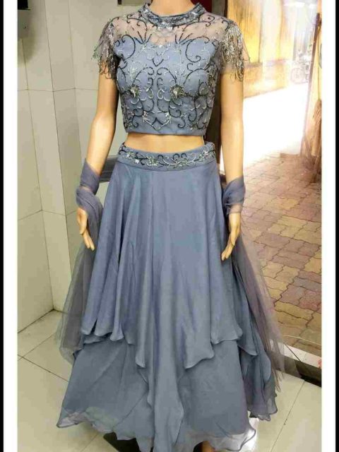 Grey color 2 layered dress with hand work