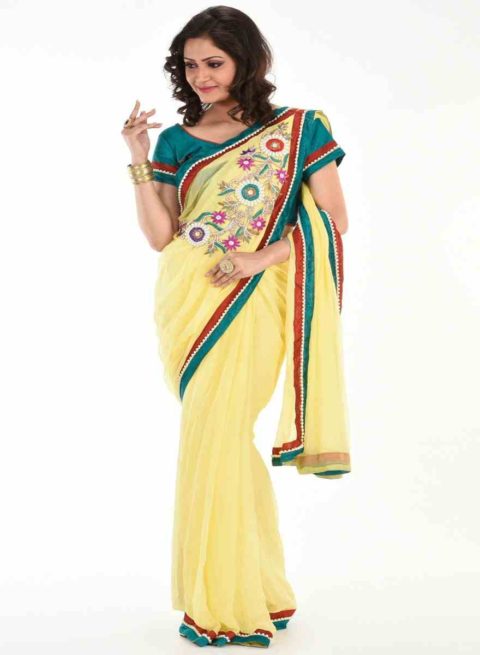 Pure Chiffon Yellow Pleated pallu saree with BP