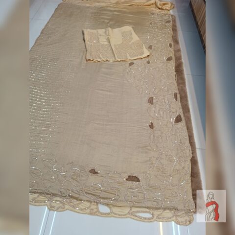 Golden Wrinkle Crepe Embellished Saree with Cutwork and Blouse