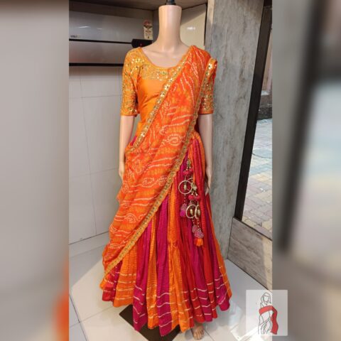 Orange Crushed Satin Lehenga Set with Gota Patti Blouse and Bandhani Dupatta