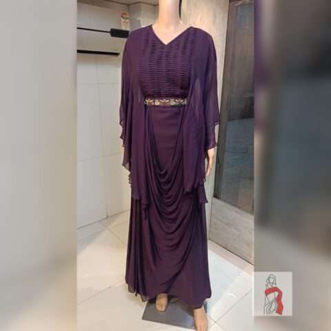 Elegant Wine Georgette Gown with Shoulder Cowl Detailing & Belt