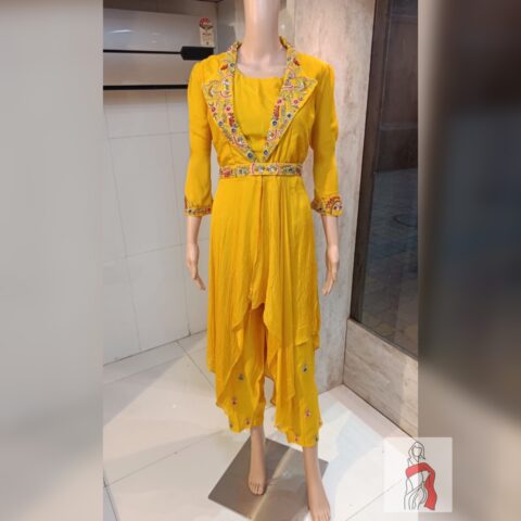 Mustard Yellow Sharara Dress with Embroidered Blazer